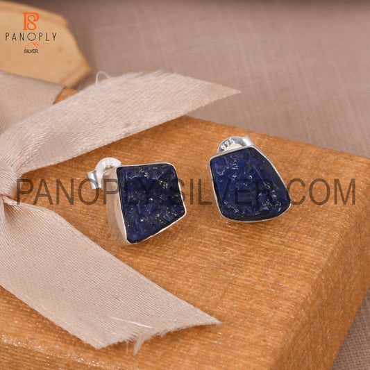 925 Silver Lapis December Birthstone Rough Stud Earrings