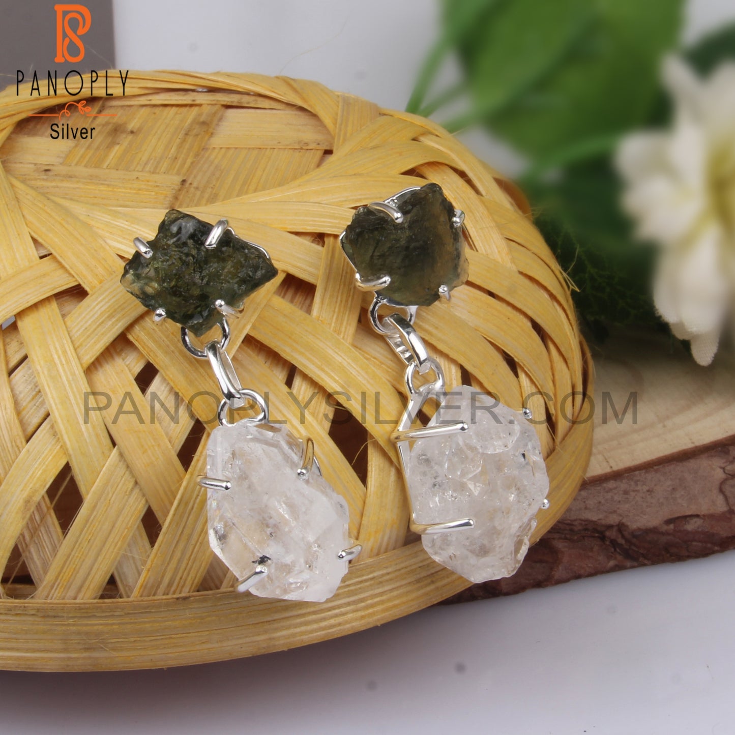 Rough Herkimer Diamond & Moldavite Silver Fancy Earring
