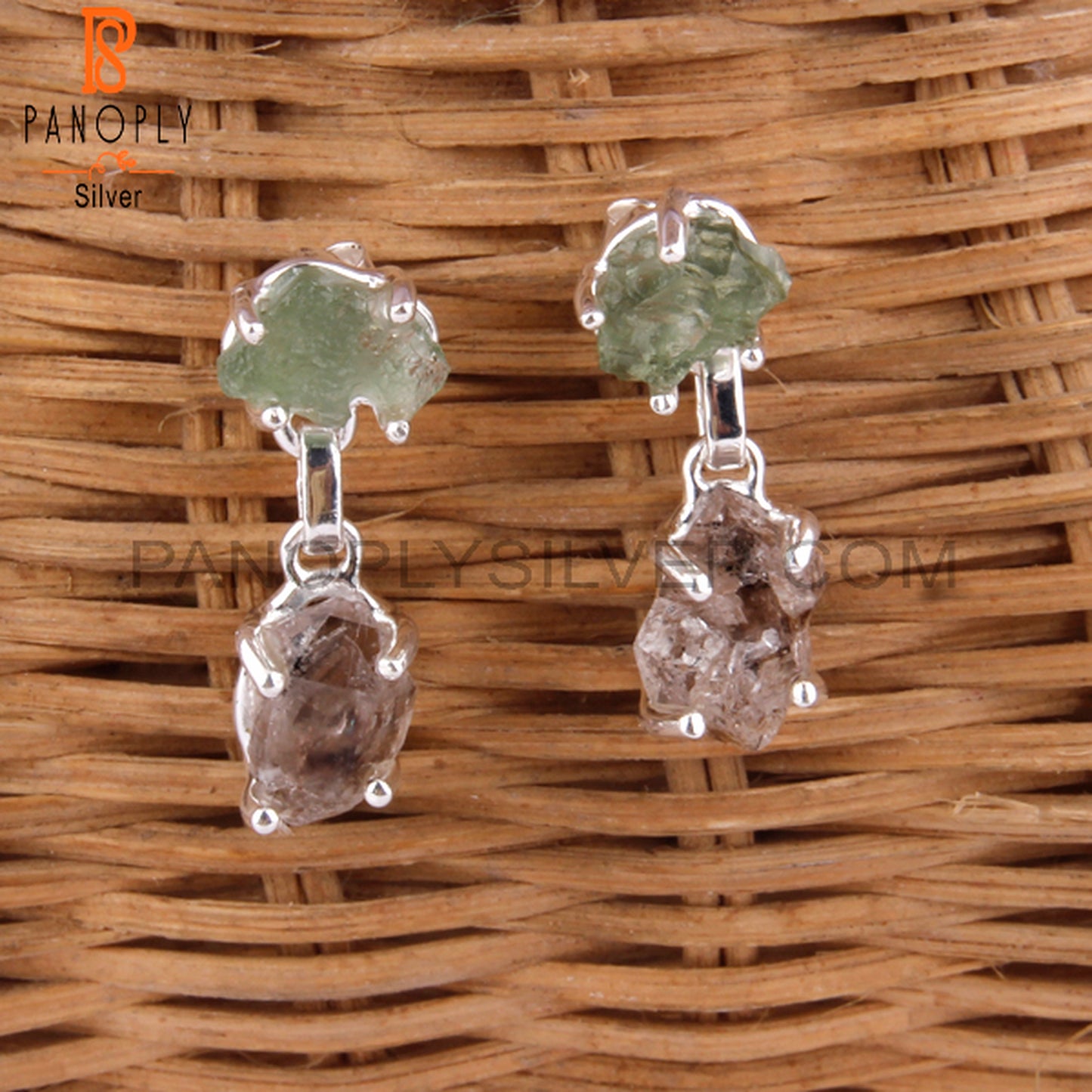 Rough Herkimer Diamond & Moldavite Silver Fancy Earring