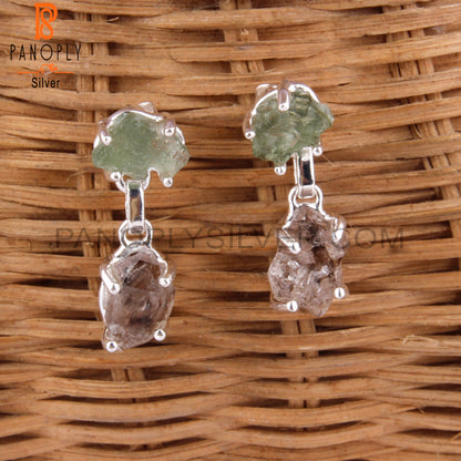 Rough Herkimer Diamond & Moldavite Silver Fancy Earring