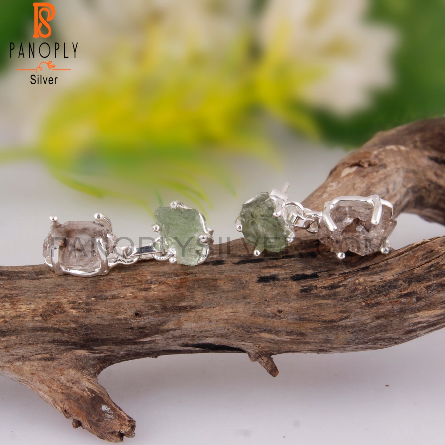 Rough Herkimer Diamond & Moldavite Silver Fancy Earring