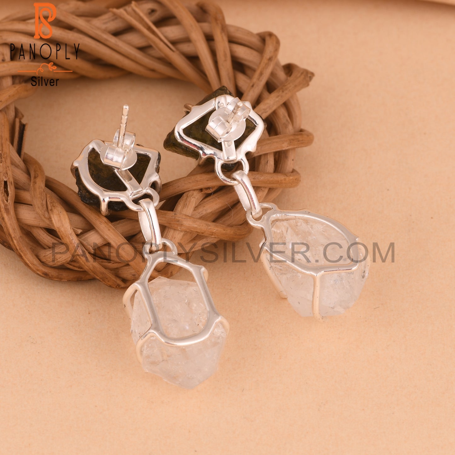 Rough Herkimer Diamond & Moldavite Silver Fancy Earring