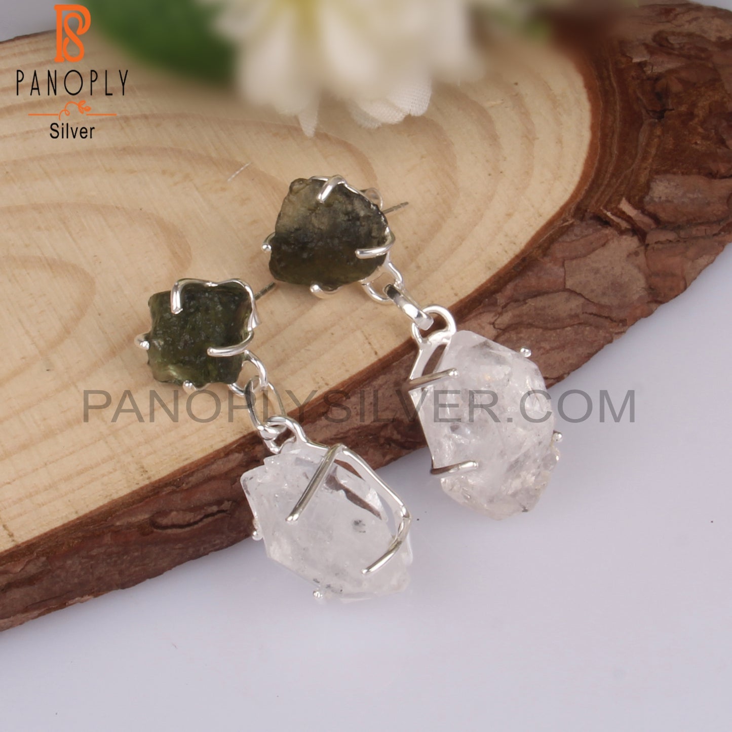 Rough Herkimer Diamond & Moldavite Silver Fancy Earring