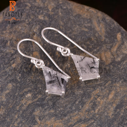 Black Rutile Set Fine Silver Kite Shape Drop Earrings