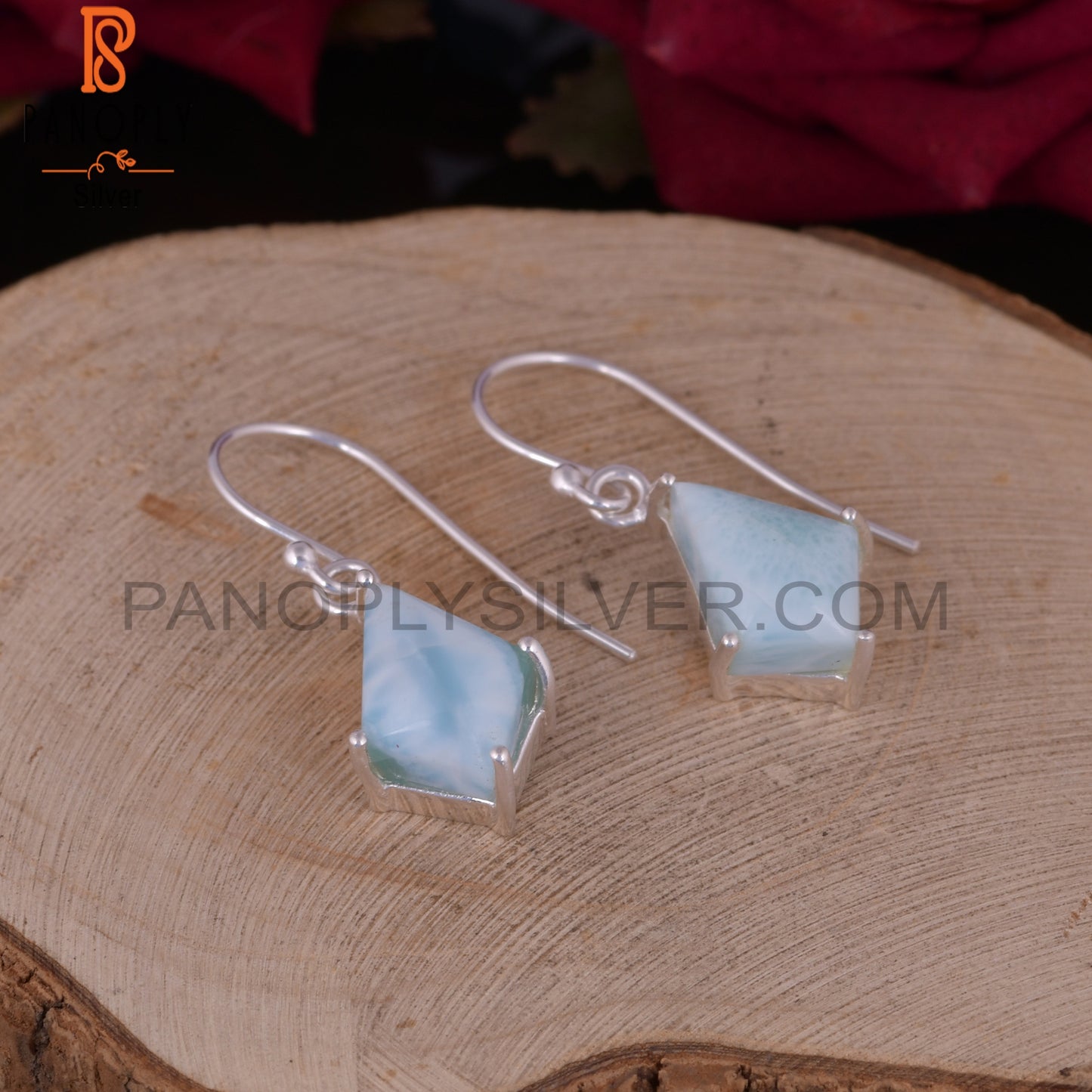 Larimar Set Fine 925 Sterling Silver Kite Shape Silver Earrings