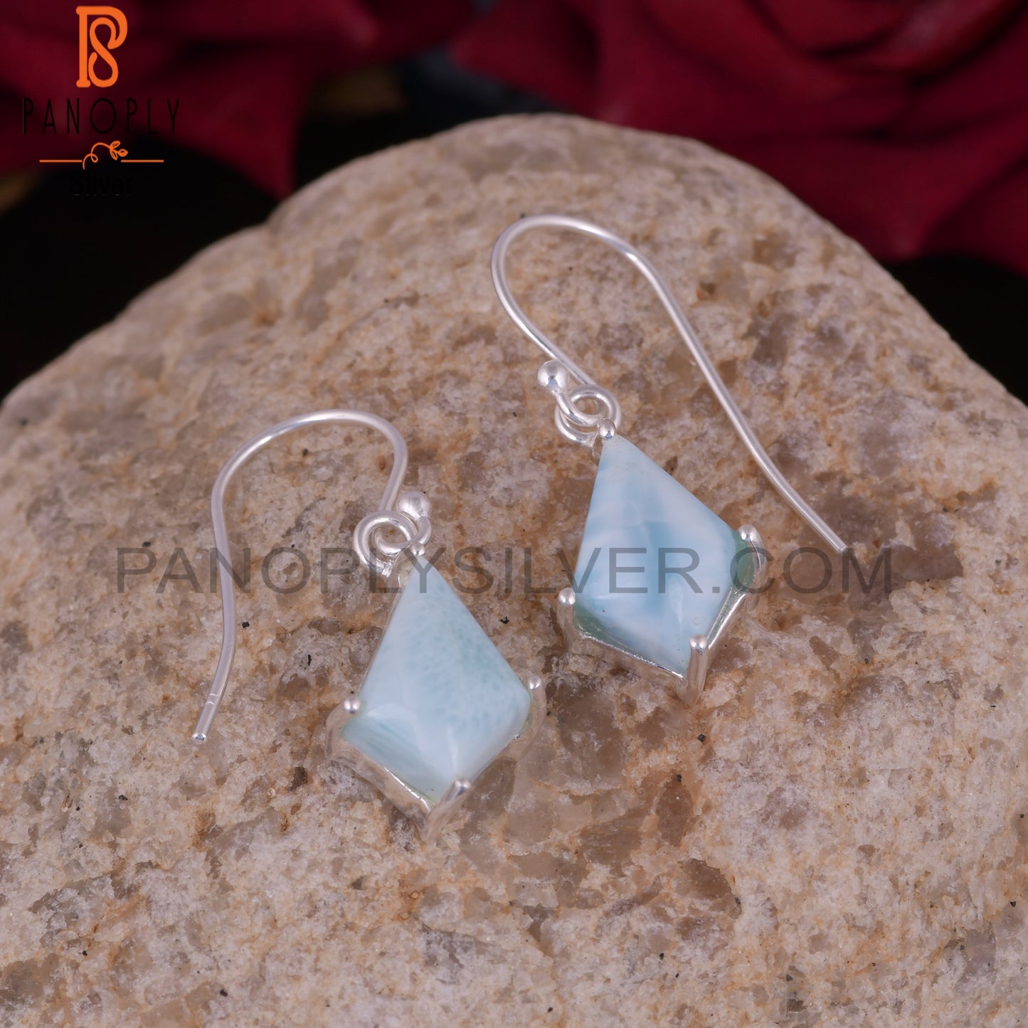 Larimar Set Fine 925 Sterling Silver Kite Shape Silver Earrings