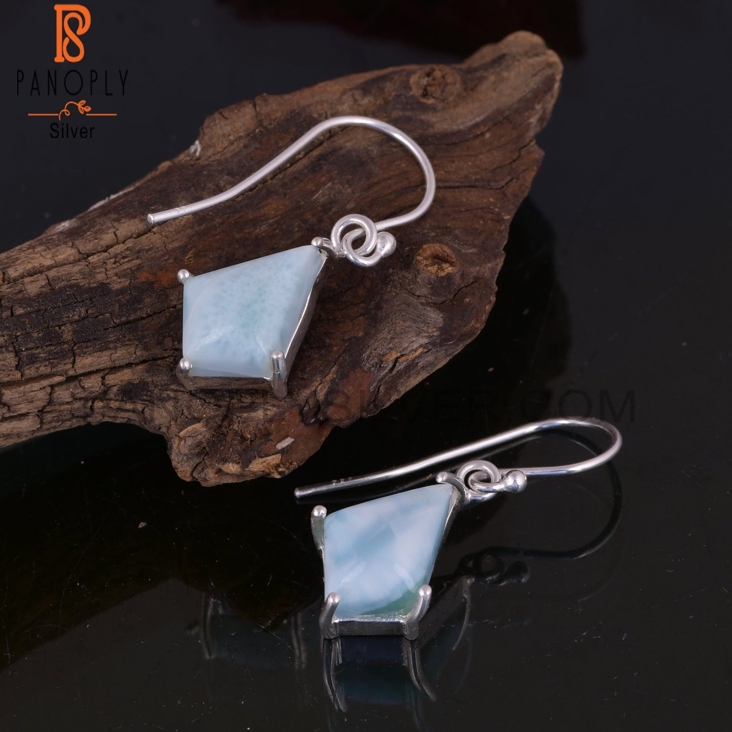 Larimar Set Fine 925 Sterling Silver Kite Shape Silver Earrings