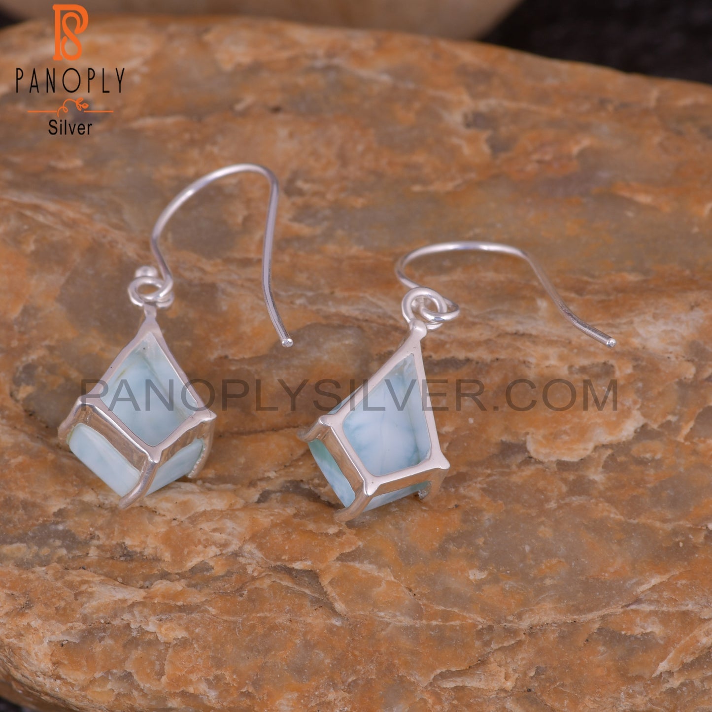 Larimar Set Fine 925 Sterling Silver Kite Shape Silver Earrings