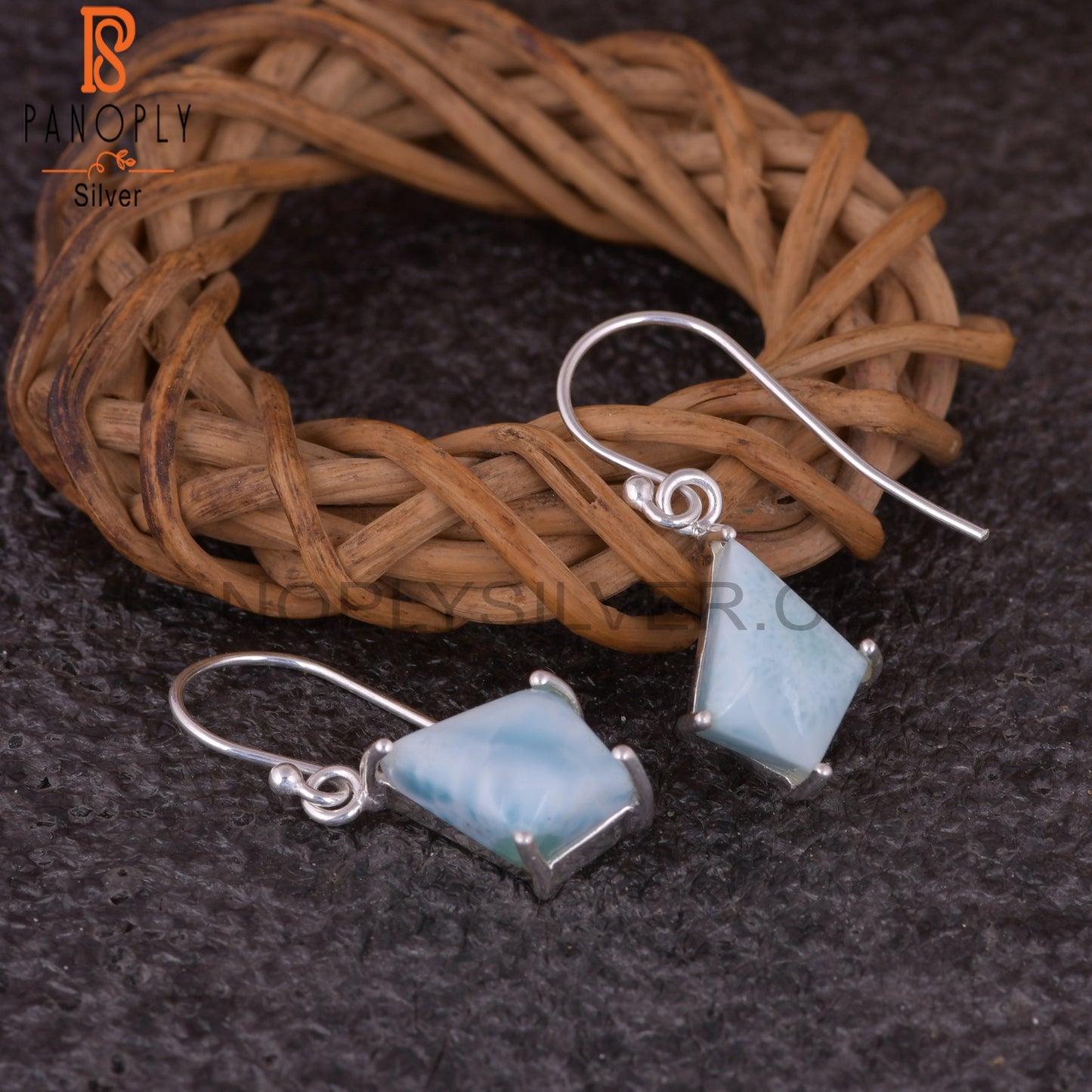 Larimar Set Fine 925 Sterling Silver Kite Shape Silver Earrings