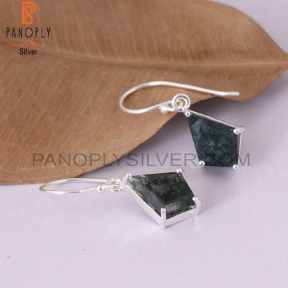 Moss Agate 925 Sterling Silver White Hanging Earrings