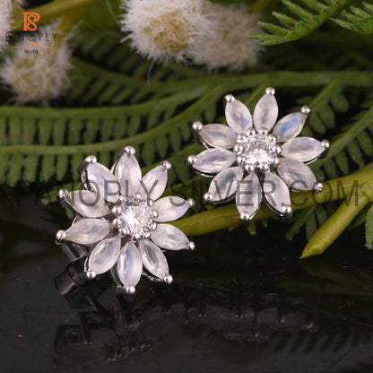 Cz And Rainbow Moonstone Set Fine Silver Floral Earrings For Women