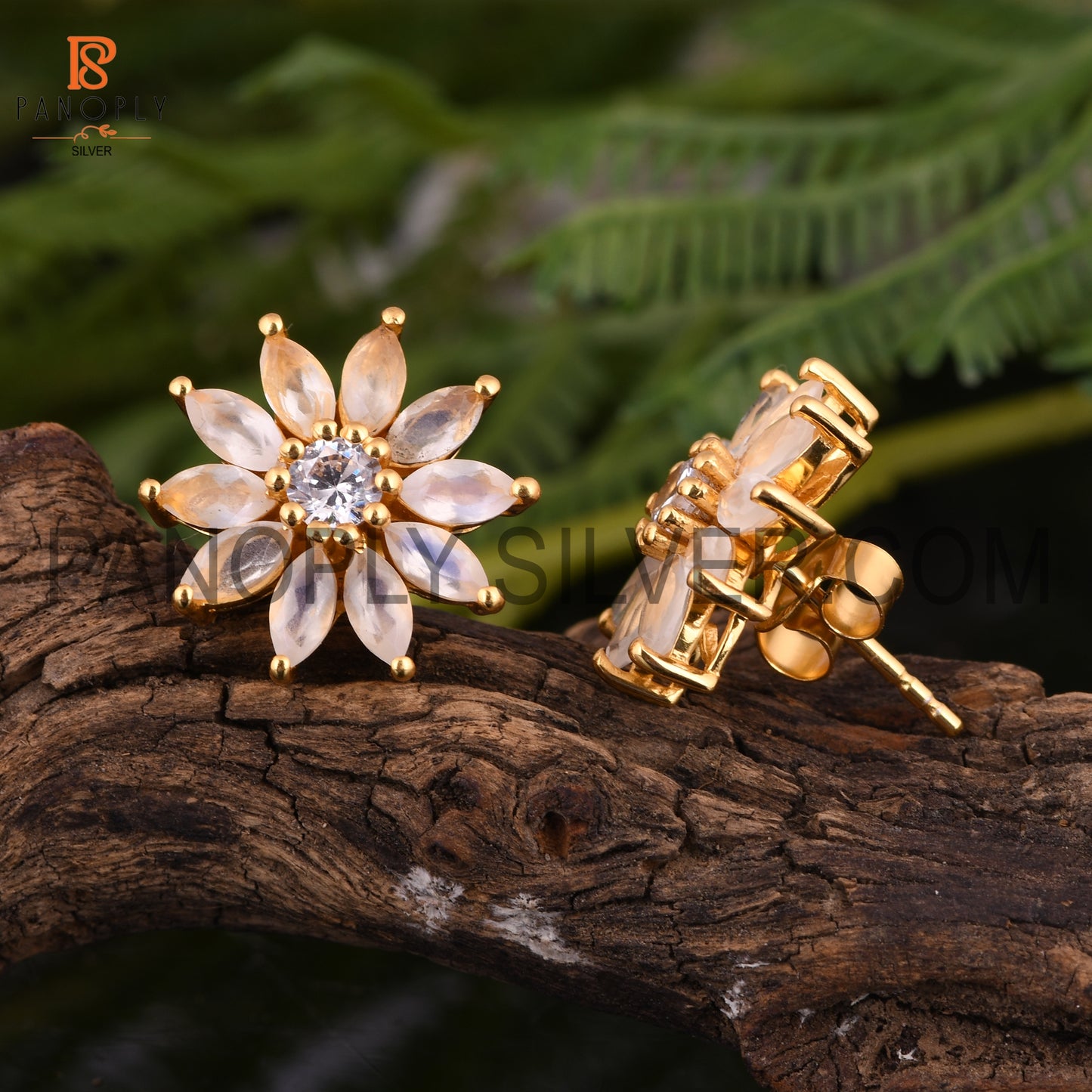 Cz, Rainbow Moonstone 18K Gold On Silver Floral Earrings