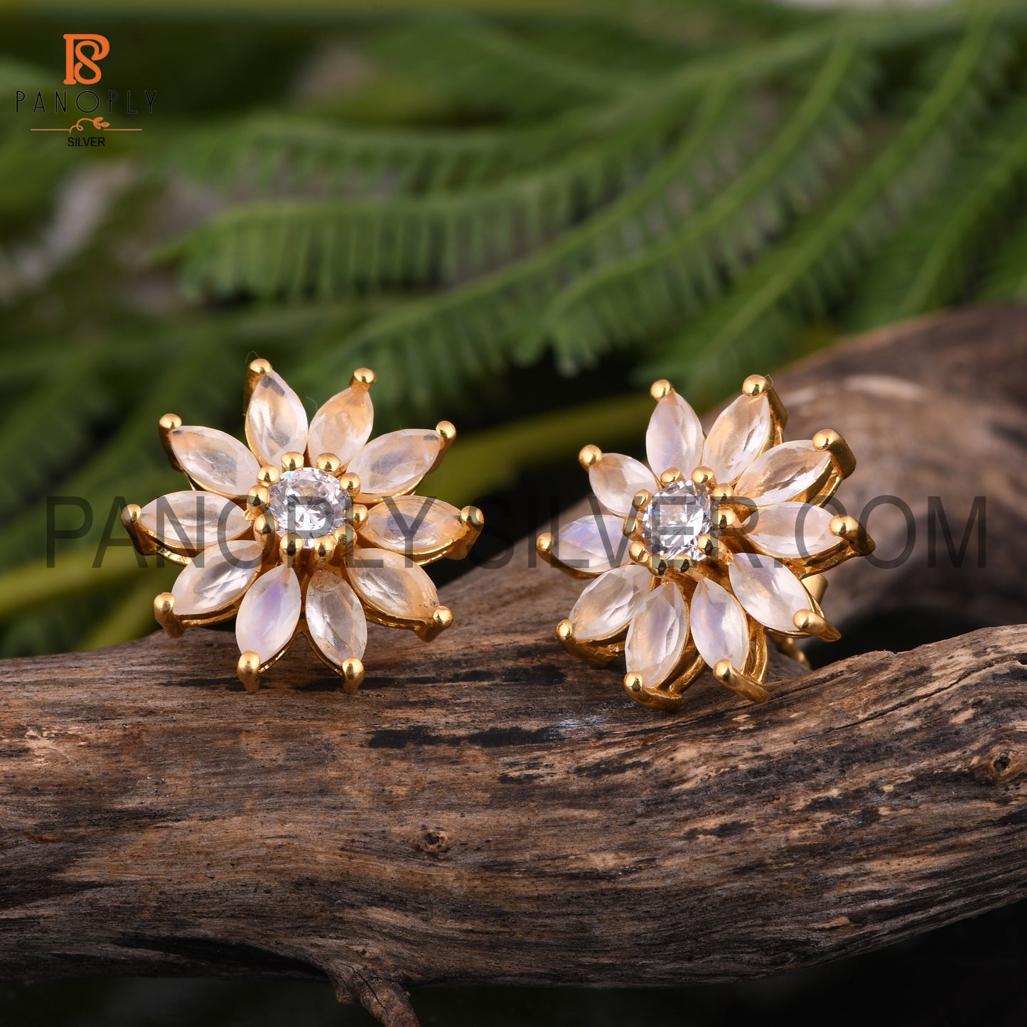 Cz, Rainbow Moonstone 18K Gold On Silver Floral Earrings