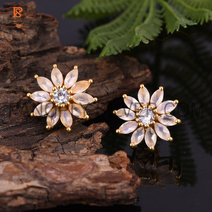 Cz, Rainbow Moonstone 18K Gold On Silver Floral Earrings