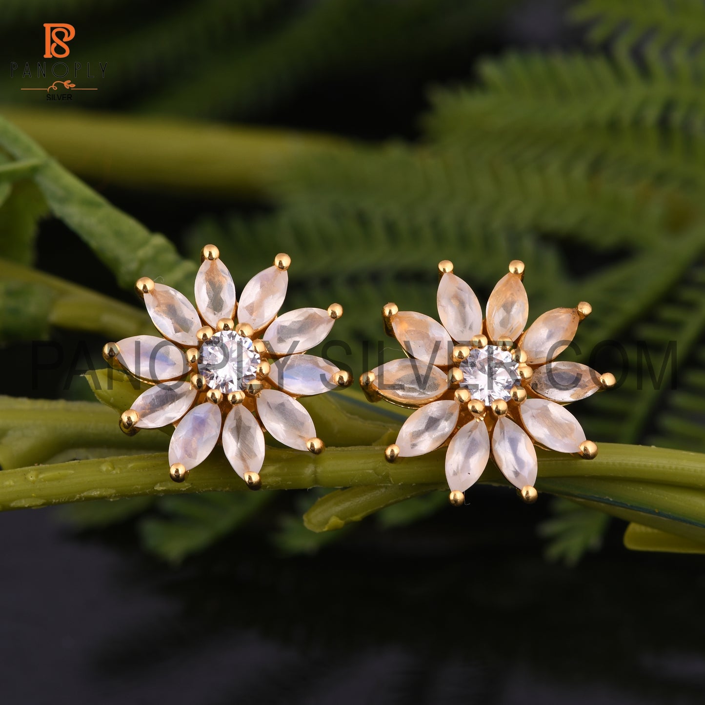 Cz, Rainbow Moonstone 18K Gold On Silver Floral Earrings