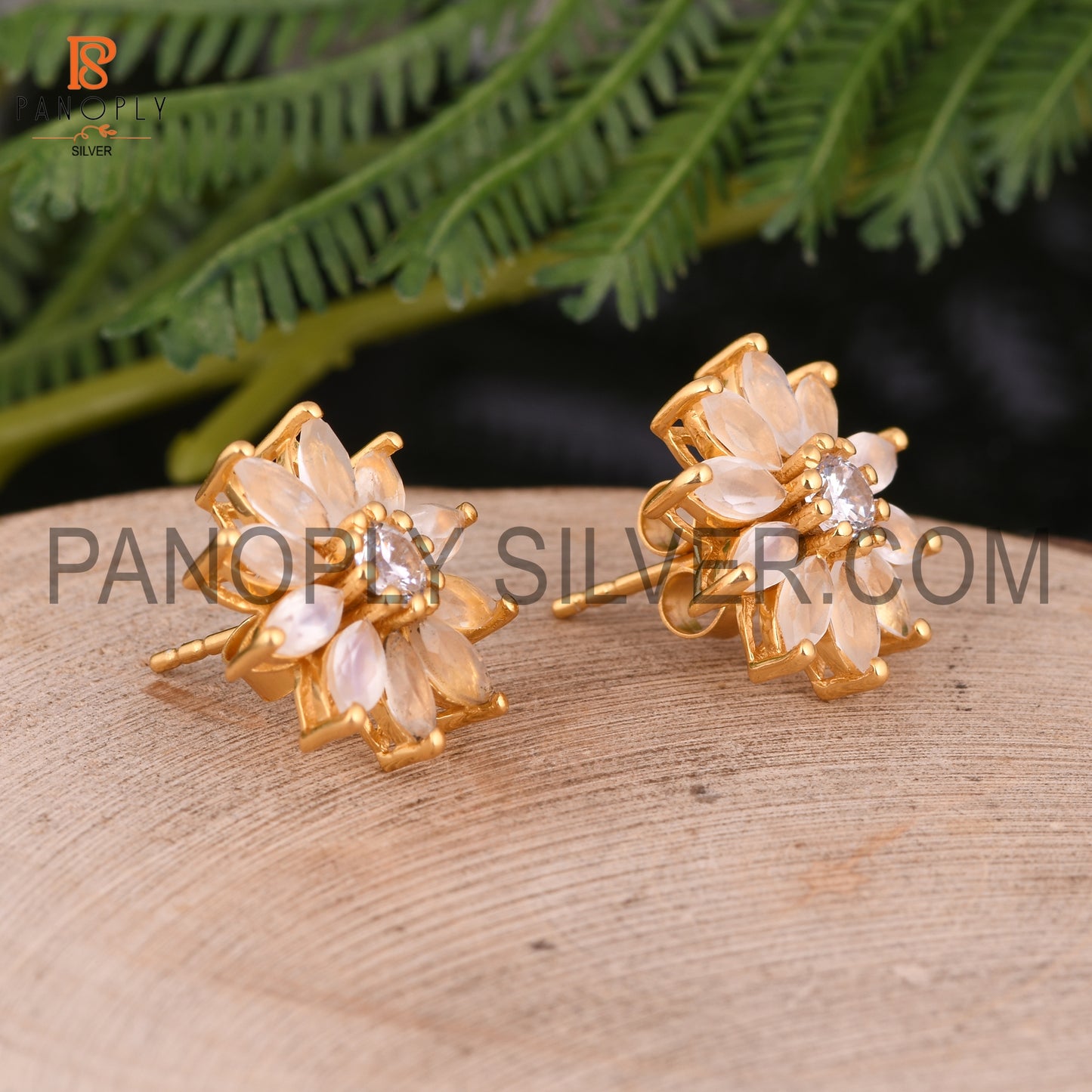 Cz, Rainbow Moonstone 18K Gold On Silver Floral Earrings