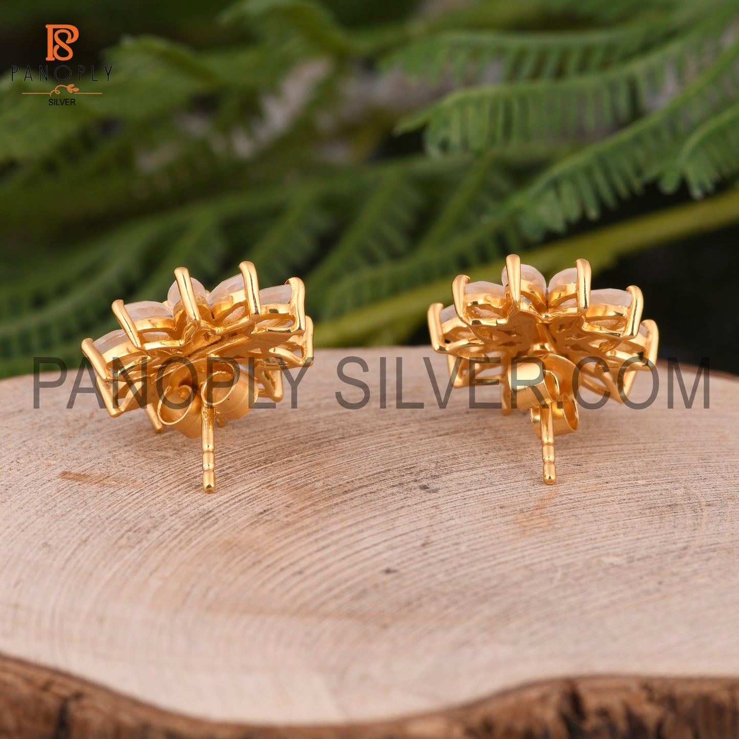 Cz, Rainbow Moonstone 18K Gold On Silver Floral Earrings