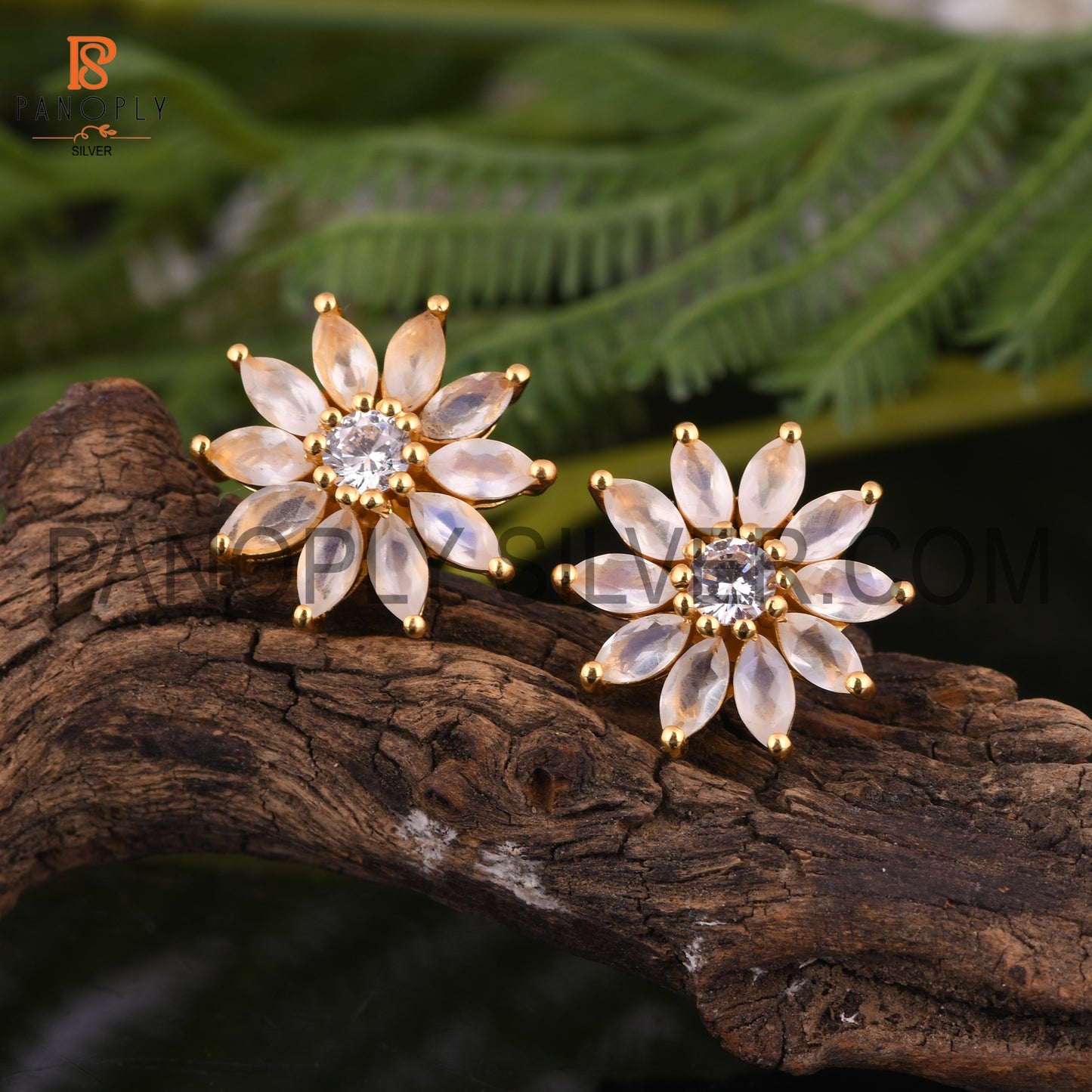 Cz, Rainbow Moonstone 18K Gold On Silver Floral Earrings