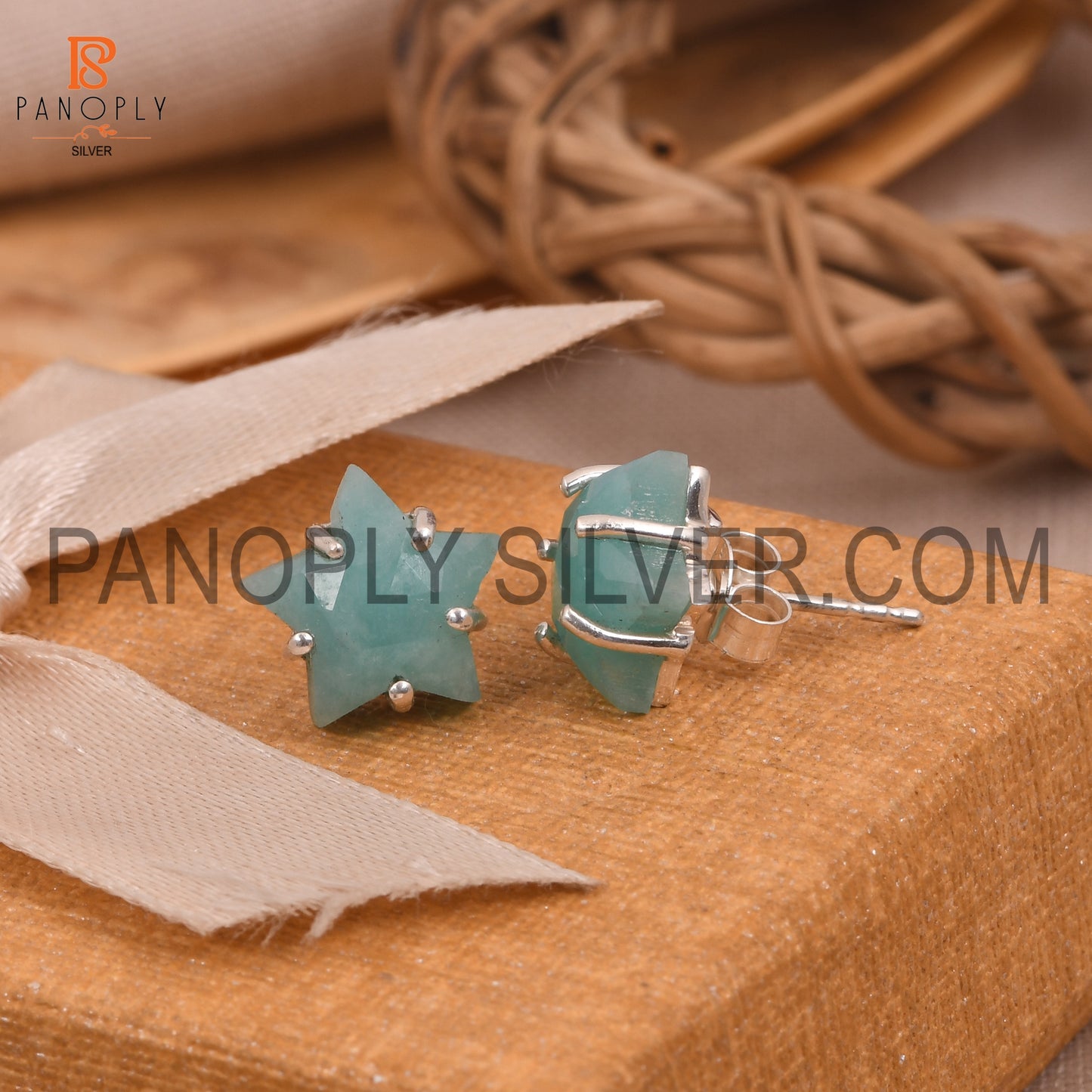 Amazonite 925 Silver Prong Set Star Stud Earrings