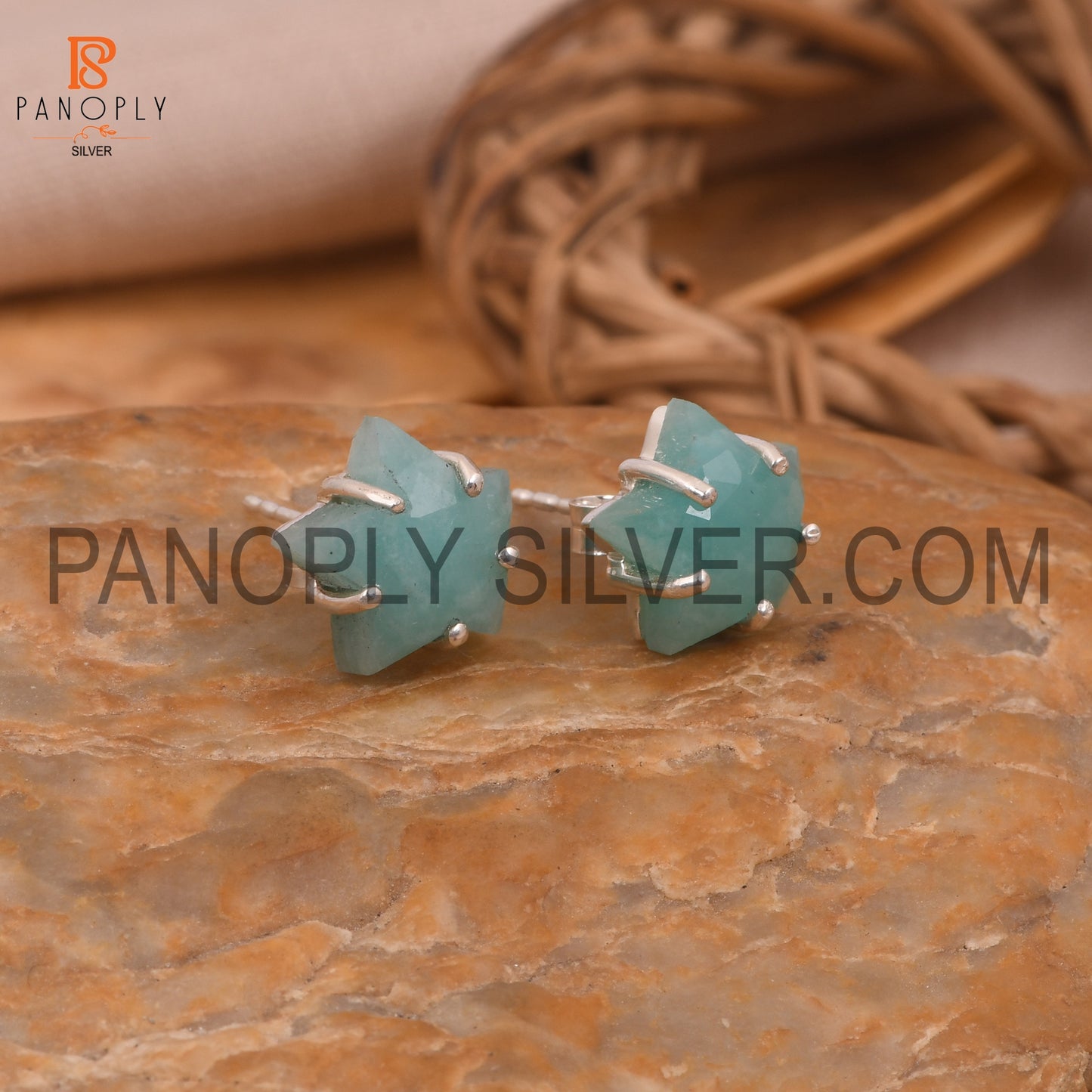 Amazonite 925 Silver Prong Set Star Stud Earrings
