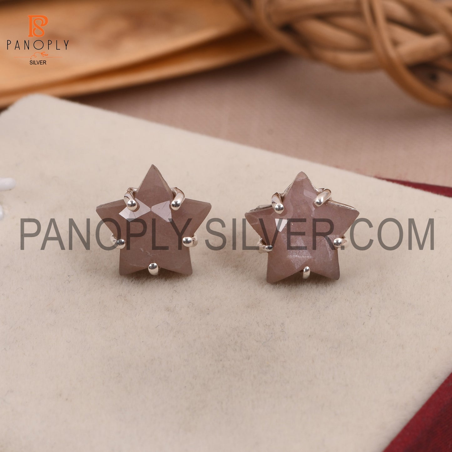 Chocolate Moonstone 925 Silver Star Tiny Celestial Stud Earrings