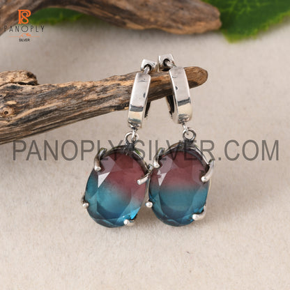 Alexandrite  Gem Silver Oxidized Bali Lock Hoop Earrings