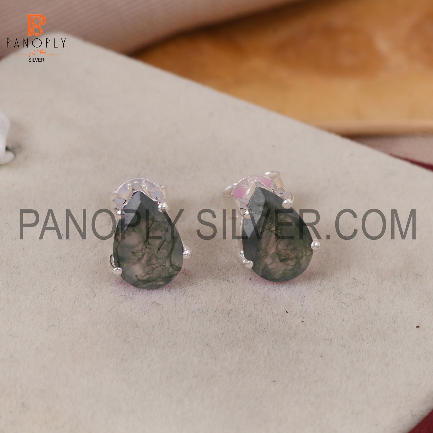 Moss Agate 925 Quality Genuine Gem Green Stud Earrings