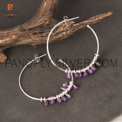 Amethyst Unshaped Silver Loop Earrings for Girls, Women's