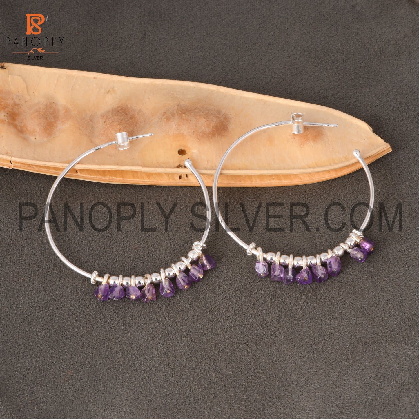 Amethyst Unshaped Silver Loop Earrings for Girls, Women's