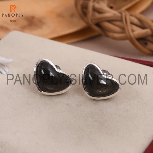 Gold Sheen Obsidian 925 Silver Wide Heart Stud Earrings