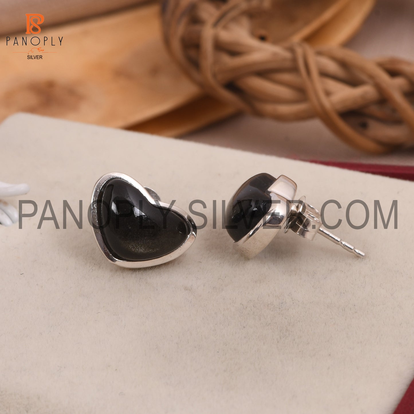 Gold Sheen Obsidian 925 Silver Wide Heart Stud Earrings