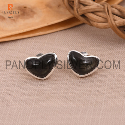 Gold Sheen Obsidian 925 Silver Wide Heart Stud Earrings
