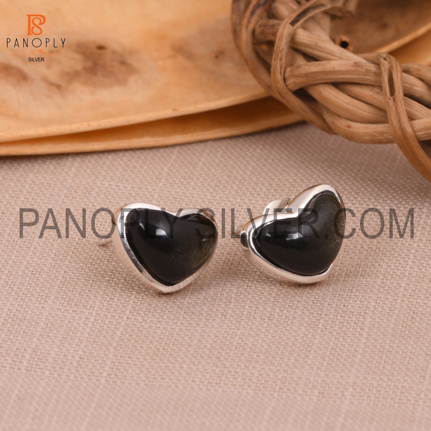 Gold Sheen Obsidian 925 Silver Wide Heart Stud Earrings