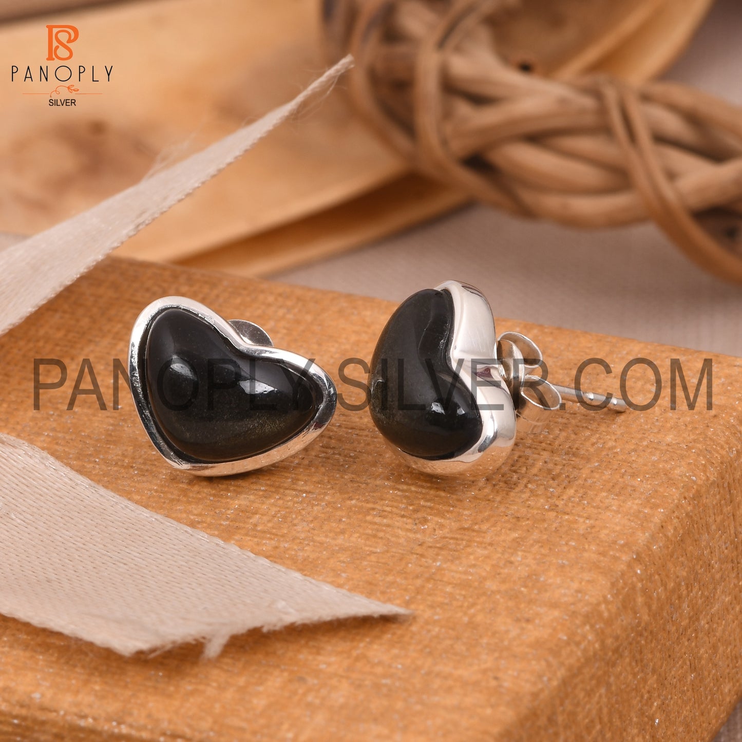 Gold Sheen Obsidian 925 Silver Wide Heart Stud Earrings