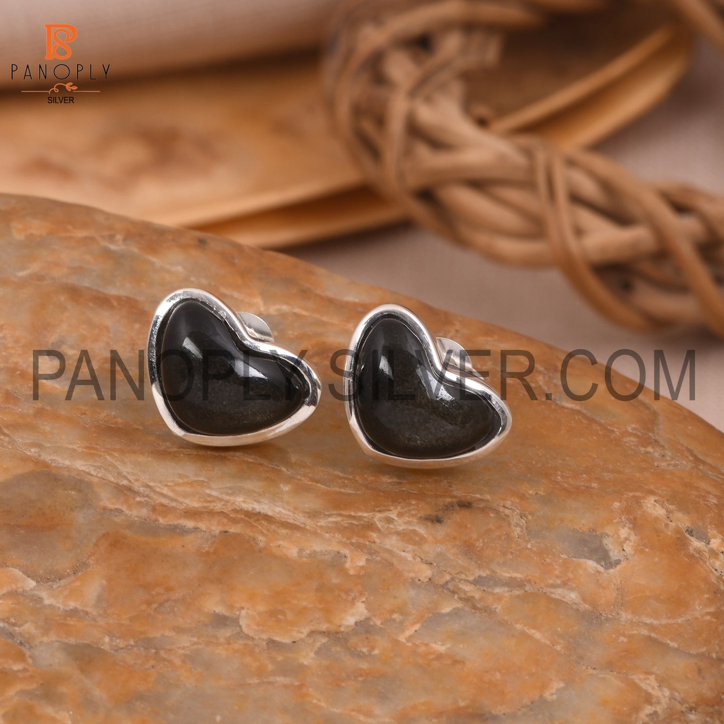 Gold Sheen Obsidian 925 Silver Wide Heart Stud Earrings