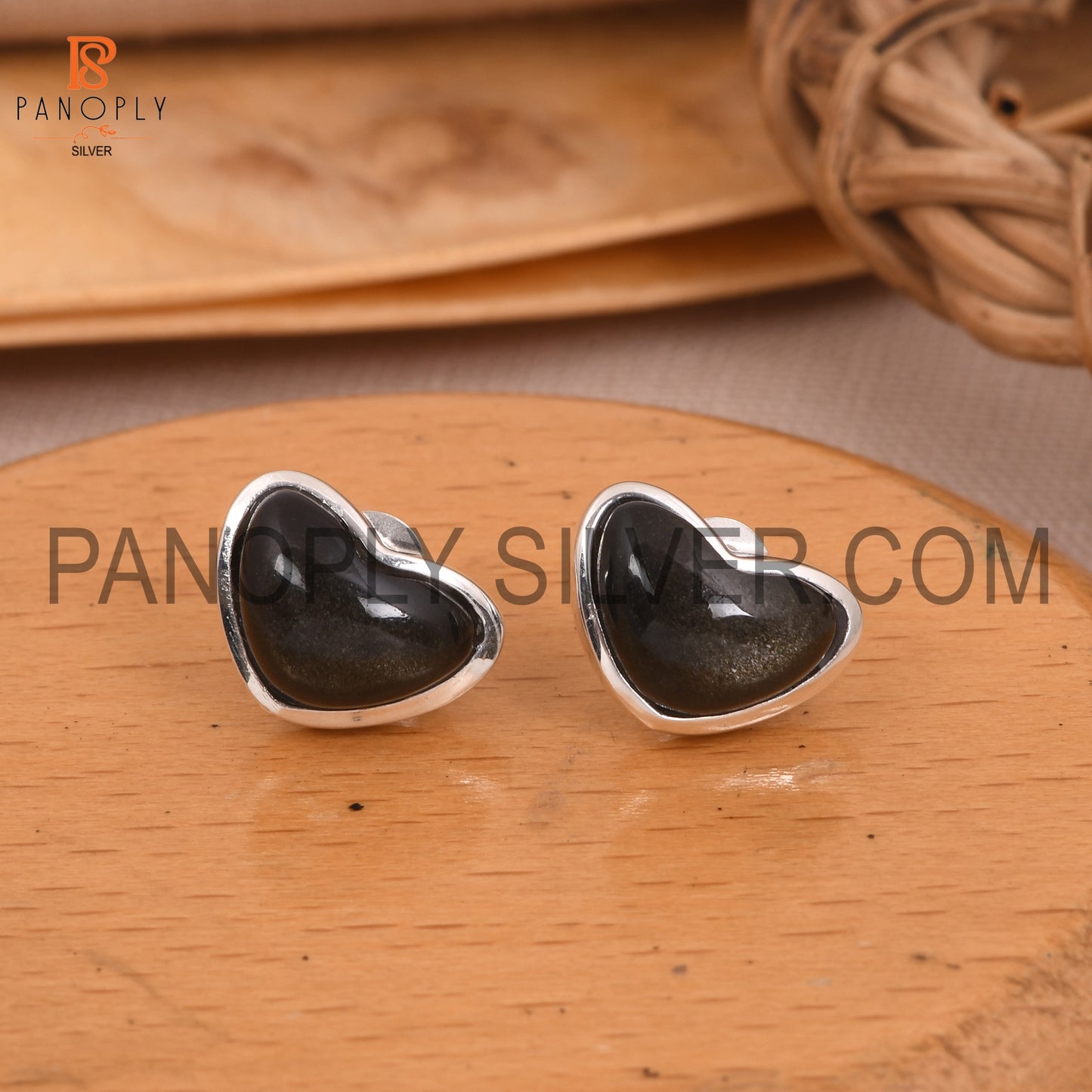 Gold Sheen Obsidian 925 Silver Wide Heart Stud Earrings