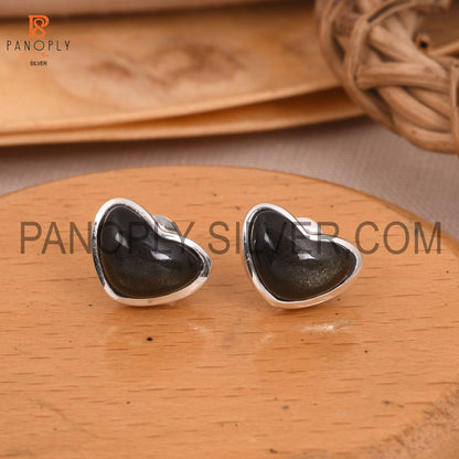 Gold Sheen Obsidian 925 Silver Wide Heart Stud Earrings