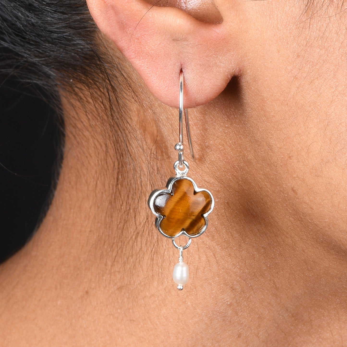 Tiger Eye Yellow & Pearl 925 Sterling Silver Drop Earrings