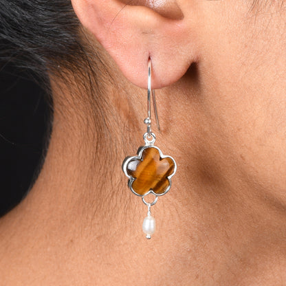 Tiger Eye Yellow & Pearl 925 Sterling Silver Drop Earrings