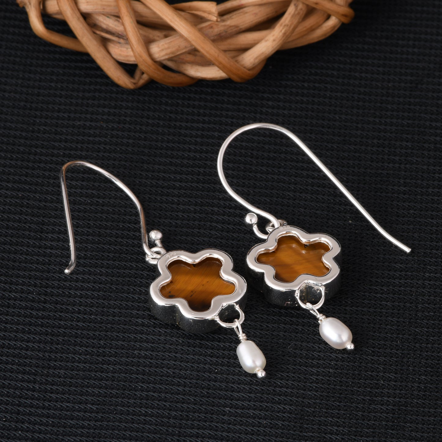 Tiger Eye Yellow & Pearl 925 Sterling Silver Drop Earrings