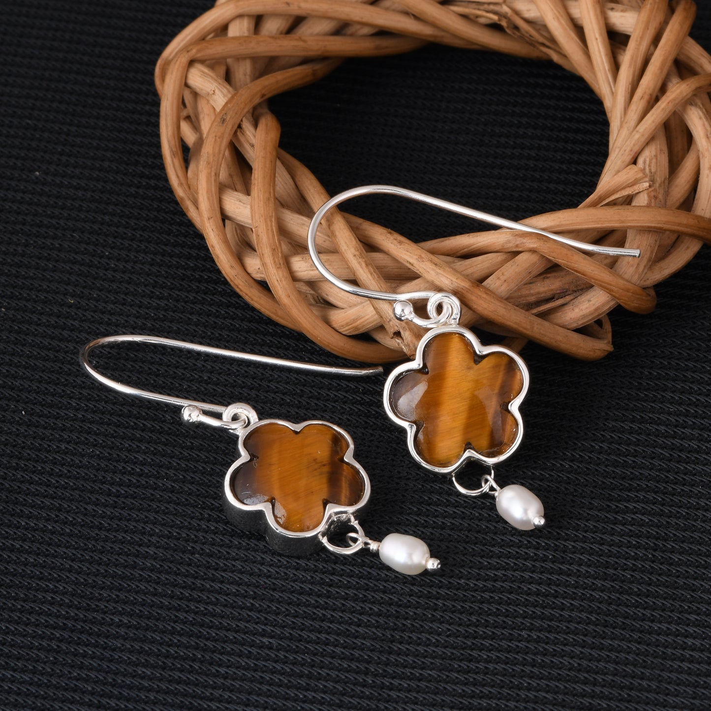 Tiger Eye Yellow & Pearl 925 Sterling Silver Drop Earrings