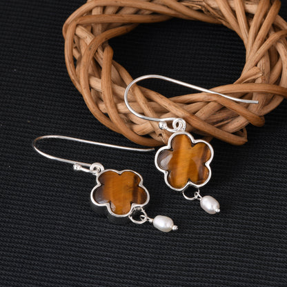 Tiger Eye Yellow & Pearl 925 Sterling Silver Drop Earrings