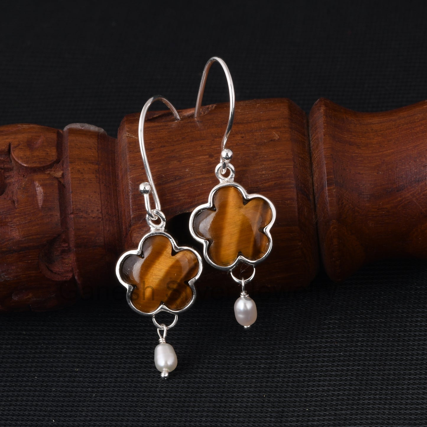 Tiger Eye Yellow & Pearl 925 Sterling Silver Drop Earrings