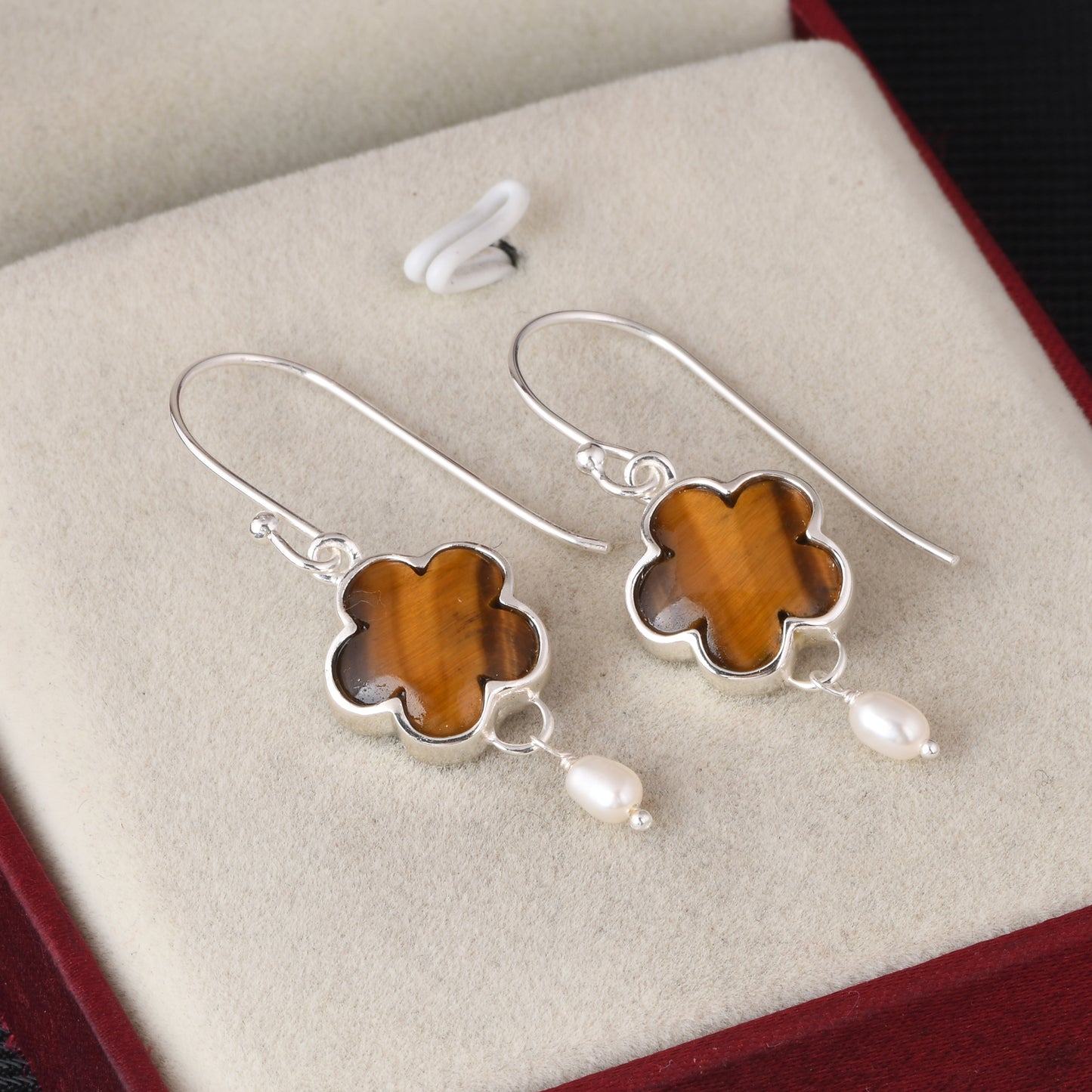 Tiger Eye Yellow & Pearl 925 Sterling Silver Drop Earrings