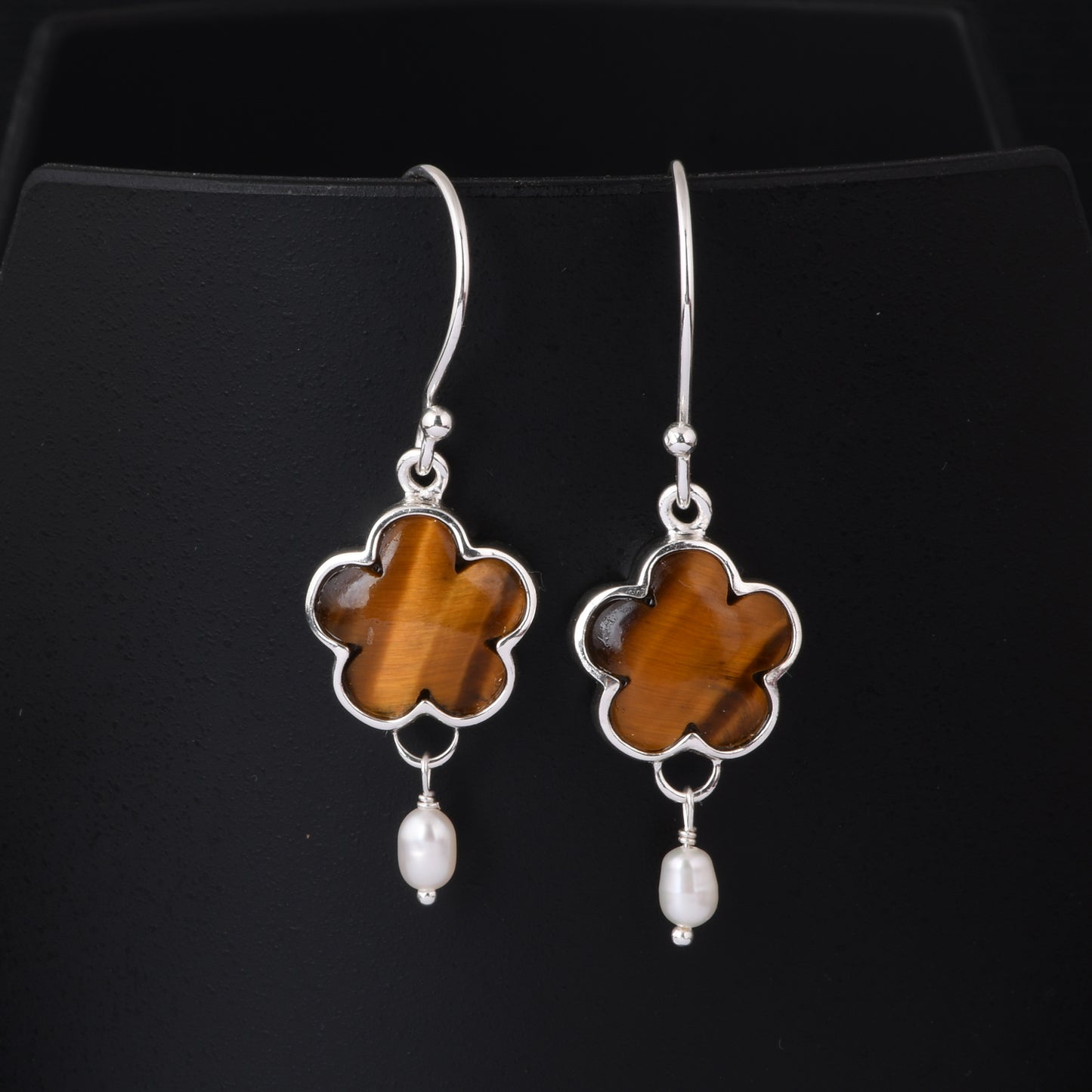 Tiger Eye Yellow & Pearl 925 Sterling Silver Drop Earrings