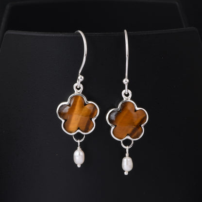 Tiger Eye Yellow & Pearl 925 Sterling Silver Drop Earrings