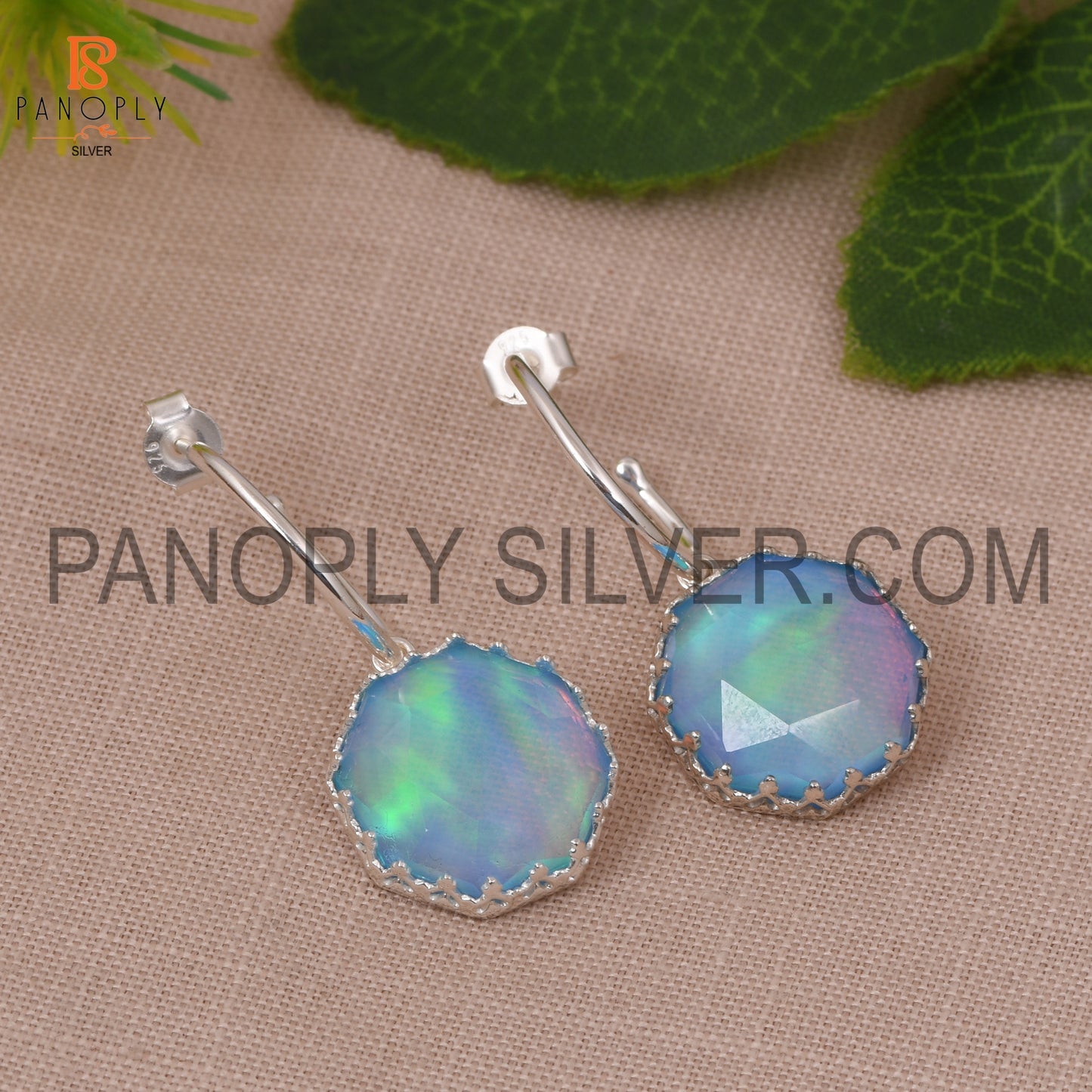 Beautiful Octogan Cut Aurora Opal Sky Hoop Earrings For Girls