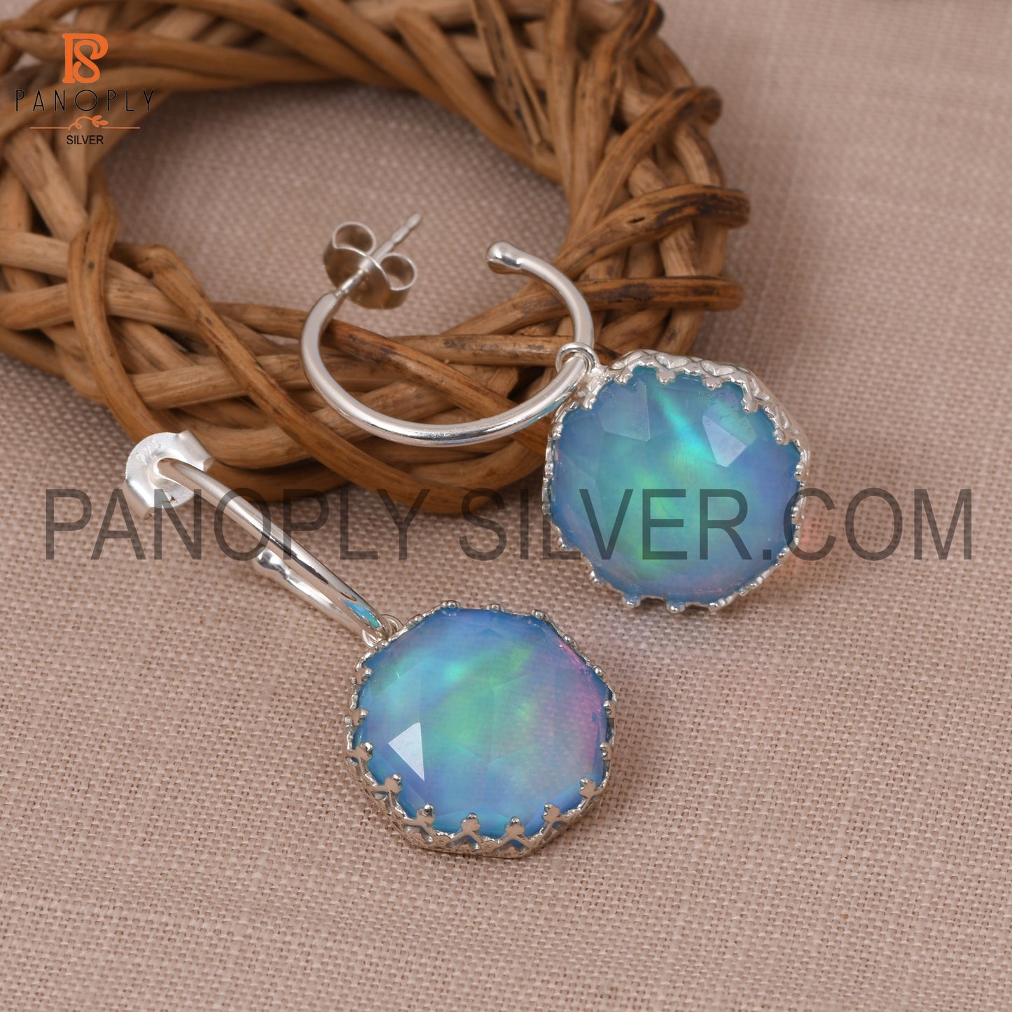 Beautiful Octogan Cut Aurora Opal Sky Hoop Earrings For Girls