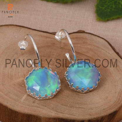 Beautiful Octogan Cut Aurora Opal Sky Hoop Earrings For Girls