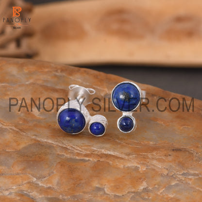 925 Sterling Silver Lapis Round Shape Small Blue Stud